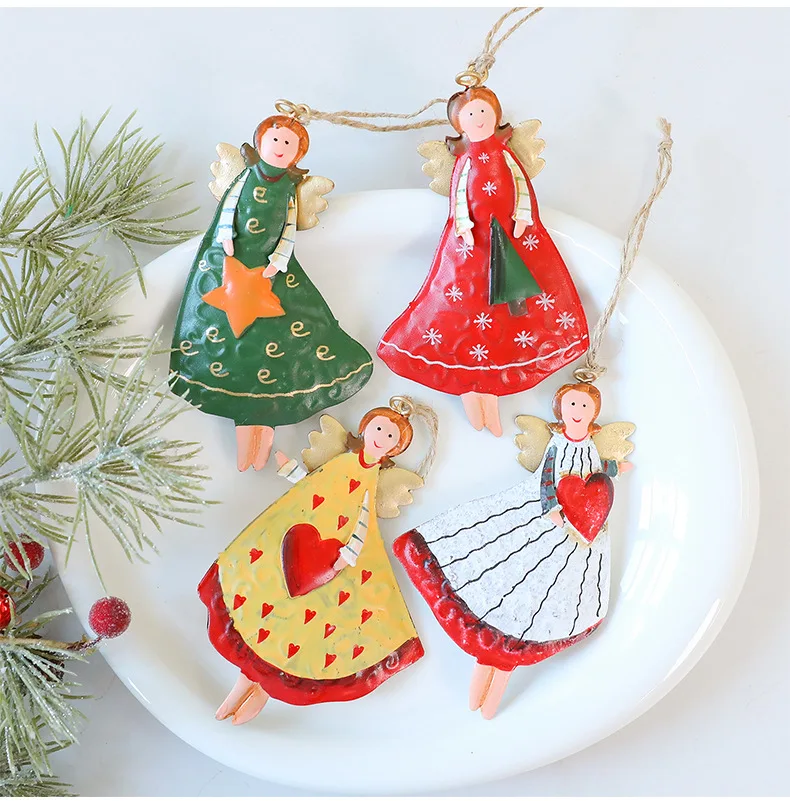 

4pcs Christmas Tree Angel Pendant, Retro and Aged Christmas Ironwork Decorative Pendant, Angel Small Pendant 8cm New Year Gift