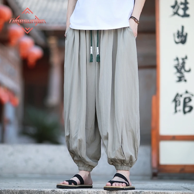 

100% Cotton Spring and Summer Hallen Pants Loose Wide Leg Lantern Pants New Chinese Pure Color Casual Trousers for Men