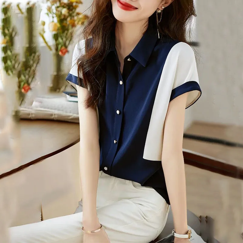 Elegant Women\'s Button Shirt Summer New Fashion Korean Contrasting Colors Spliced Polo-Neck Blouse Short Sleeve Female Clothing