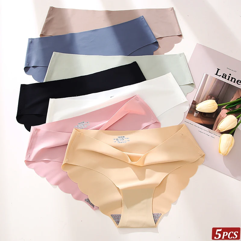 Nahtlose Eisseide-Slips 5 Stück/Set Damen-Unterwäsche Einfarbige Elastische Unterhosen Ultra-Dünne Spurlose Slips mit Wellenseiten