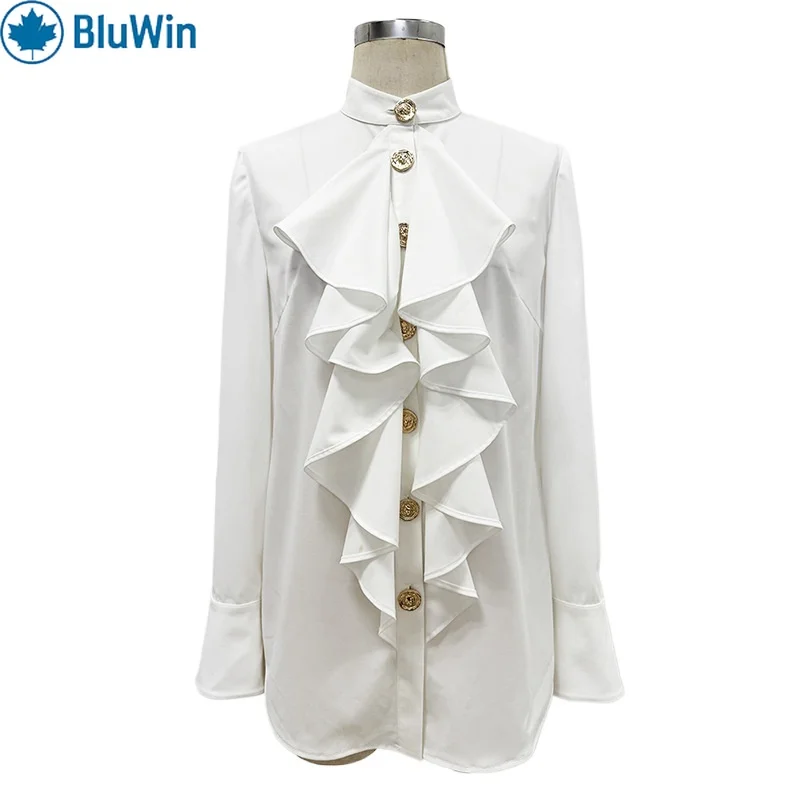 

BluWin Ruffle Front Blouse Women Long Sleeve Stand Collar Button Down Elegant White Shirt