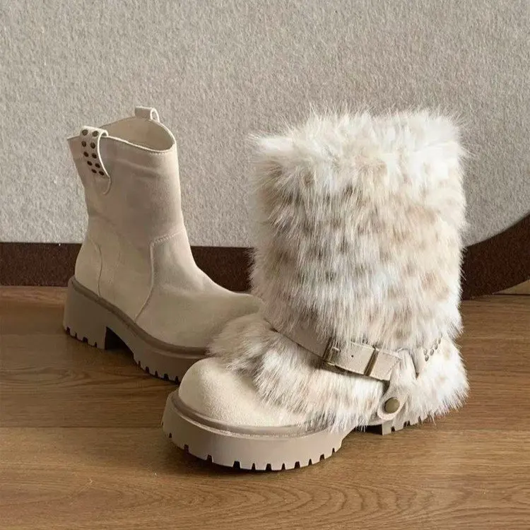 Women's Winter New Arrival Thick Sole Fleece Lined Snow Boots 2 Ways Wearring Outdoor Platform Belt Buckle Ankle Fur Boots