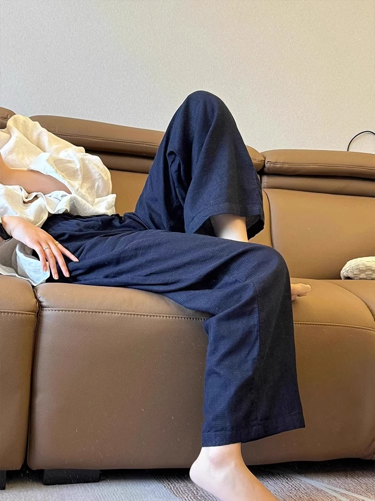 

Брендовые женские свободные брюки с широкими штанинами, летние, тонкие, повседневные, прямого кроя, с эффектом похудения, в корейском стиле, для офиса, с завышенной талией