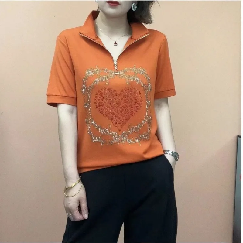 

2023 Summer Women's Solid Color Pullover Half Zipper Standing Neck Short Sleeve T-shirt Fashion Vacation Loose Commuter Tops