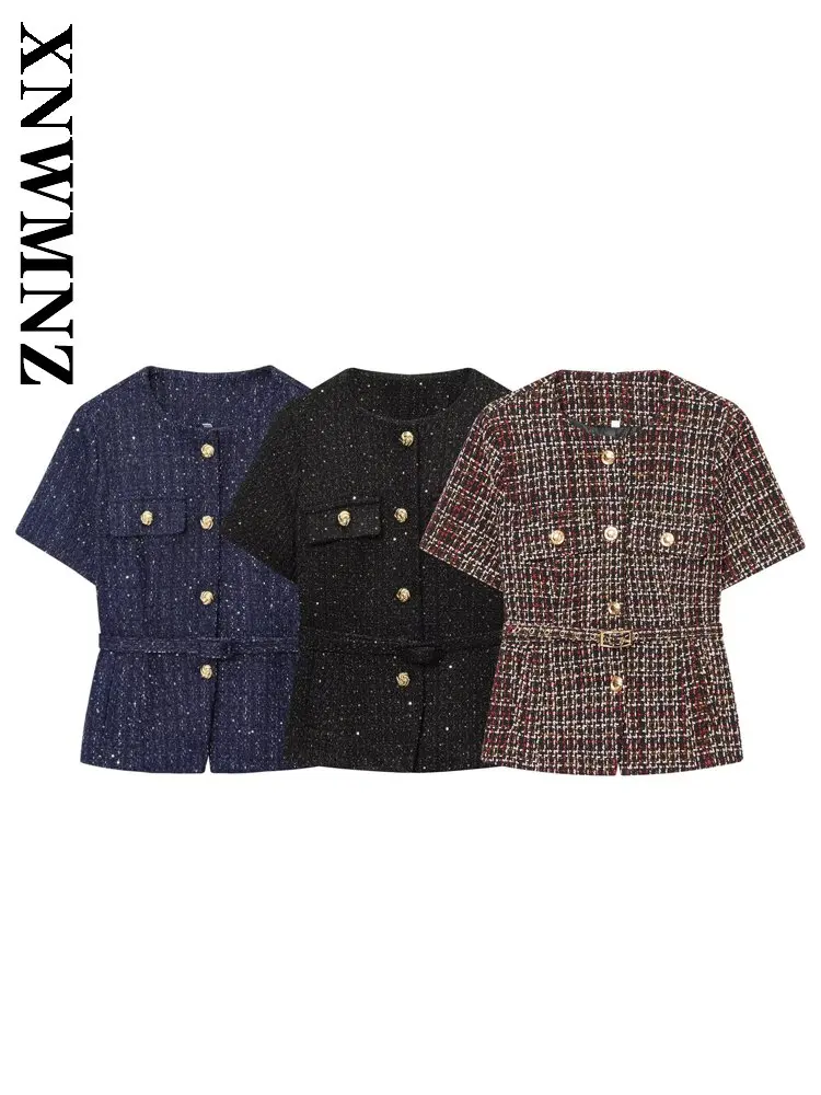 XNWMNZ 2025 겨울 신상 여성 휴가 캐주얼 O넥 니트 재킷 파티 빈티지 가을 여성 반팔 패션 슬림 탑 포켓