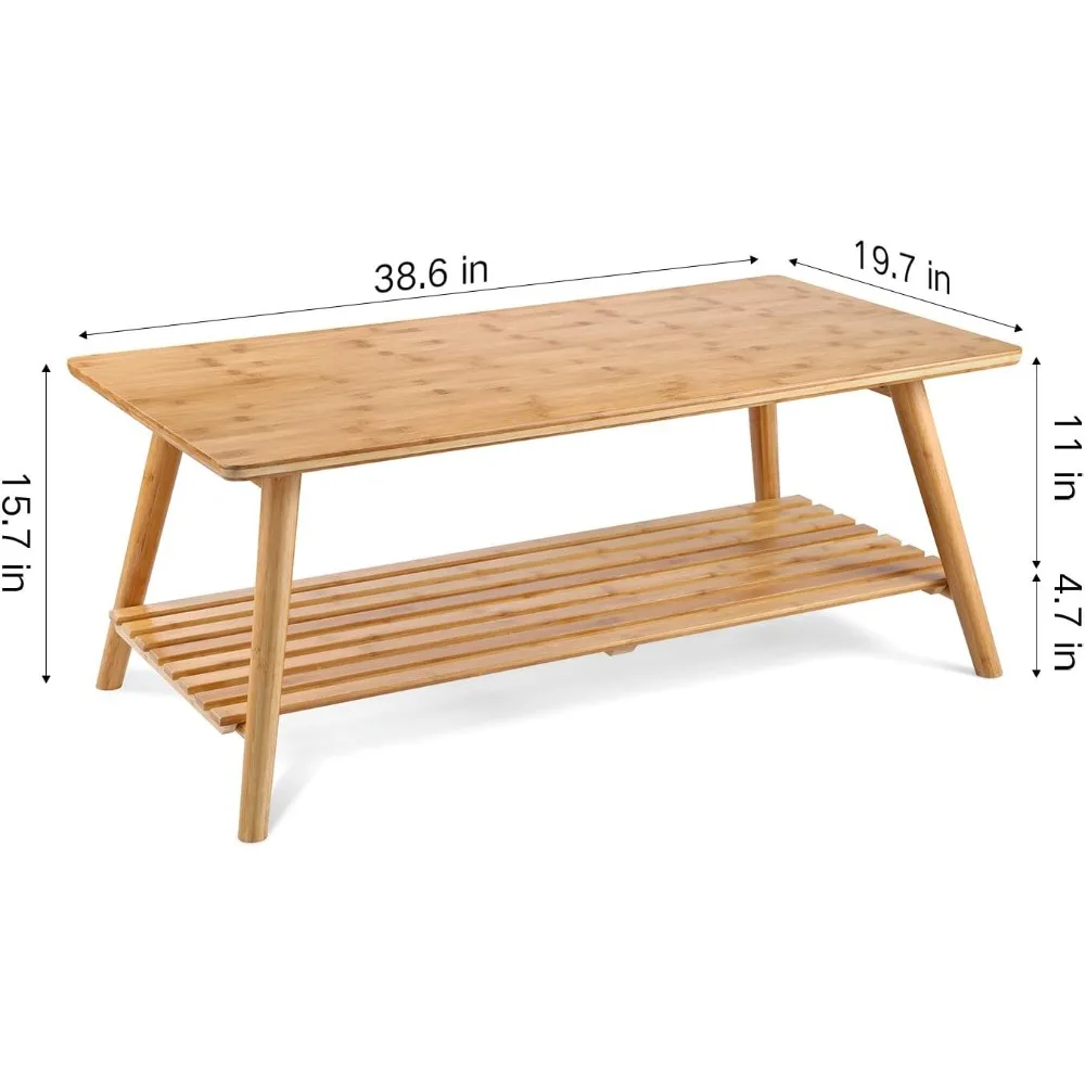 Mid-Century Foldable Bamboo Coffee Table with Open Storage Shelf for Living Room, Suitable as a TV Stand