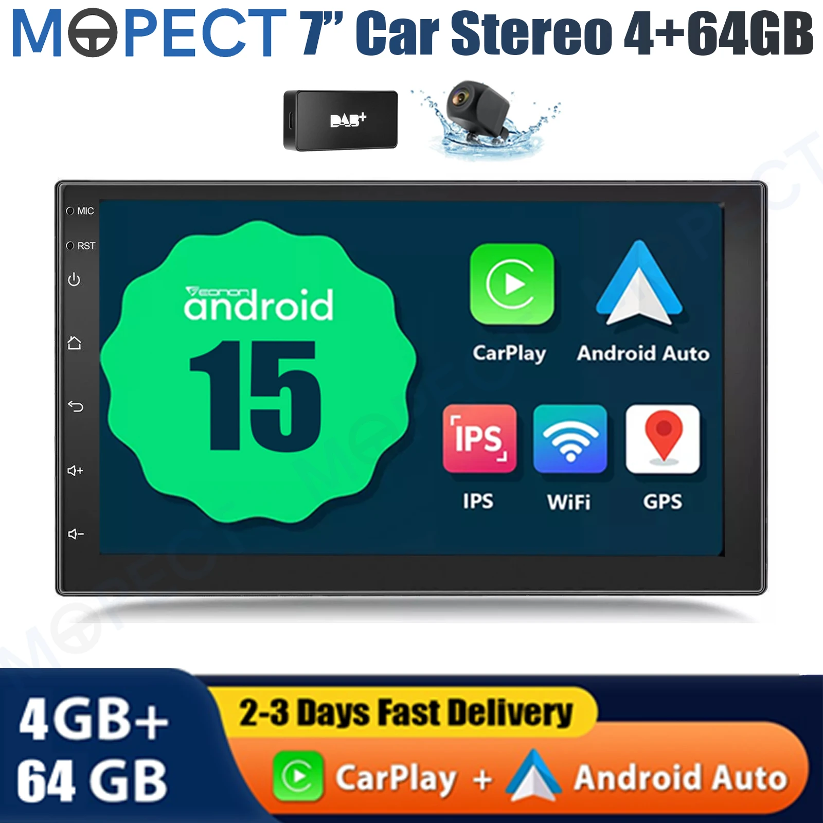 MOPECT 7 Inch Universele Autostereo Radio Dubbele 2 DIN Android 15 CarPlay 4+64G GPS Navigatie Touchscreen Bluetooth AM/FM SWC+DAB&AHD