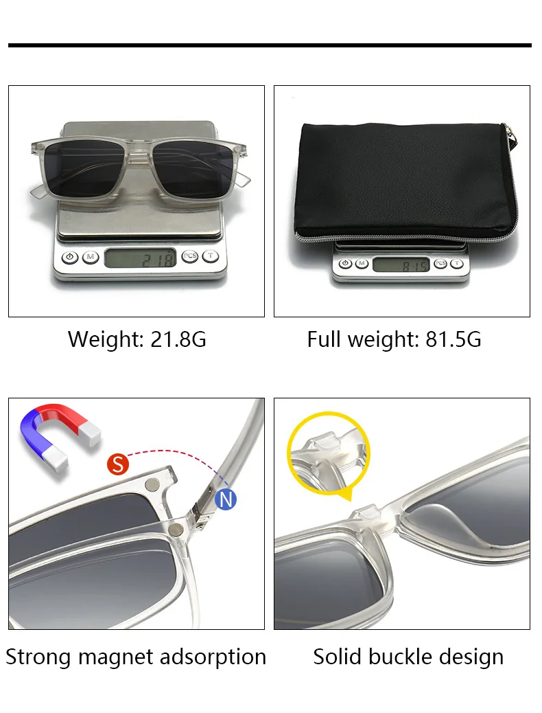 Transparente Damen-Sonnenbrille mit quadratischem Rahmen, 6-in-1-Brille mit magnetischem Clip, polarisierte Nachtsichtbrille für Herren – Detail 7