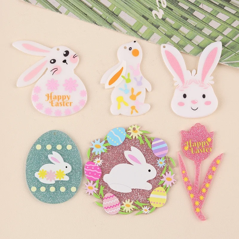 

Оптовая продажа, 56 шт./лот, акриловые бусины с цветным принтом в виде мультяшных кроликов, цветов и овалов, для самостоятельного изготовления украшений, одежды и аксессуаров для волос