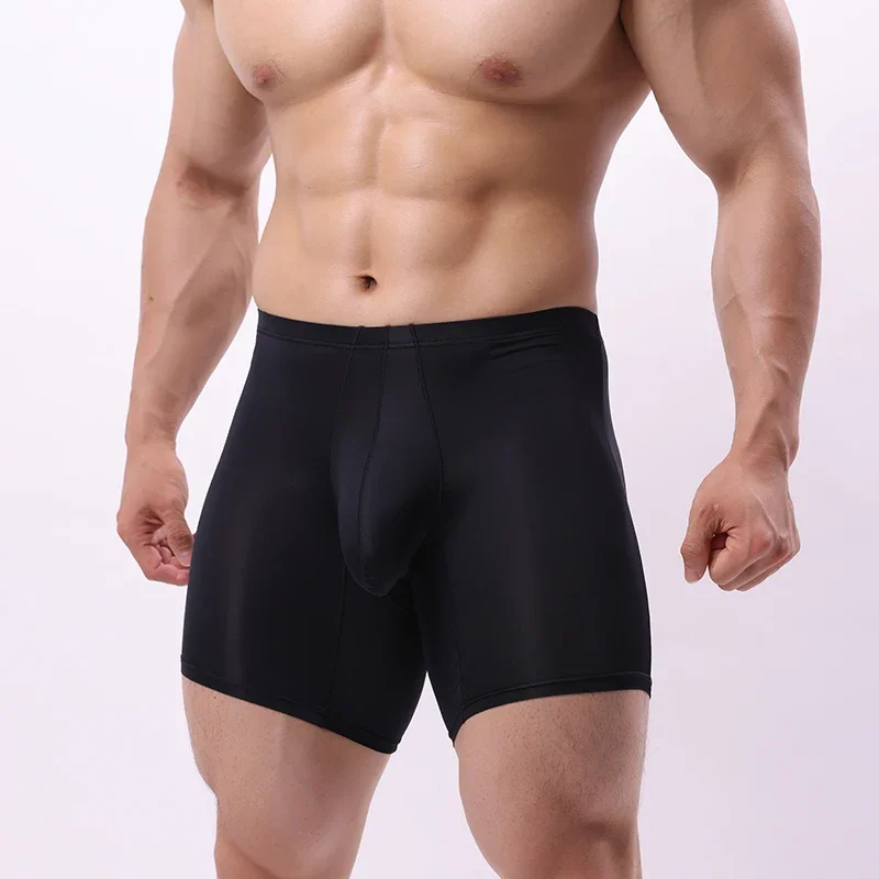 Calcinha de pugilista de perna longa masculina, meia cintura cueca sexy grande bolsa de U, seda gelada, calcinha esportiva respirável masculina, tamanho EUR