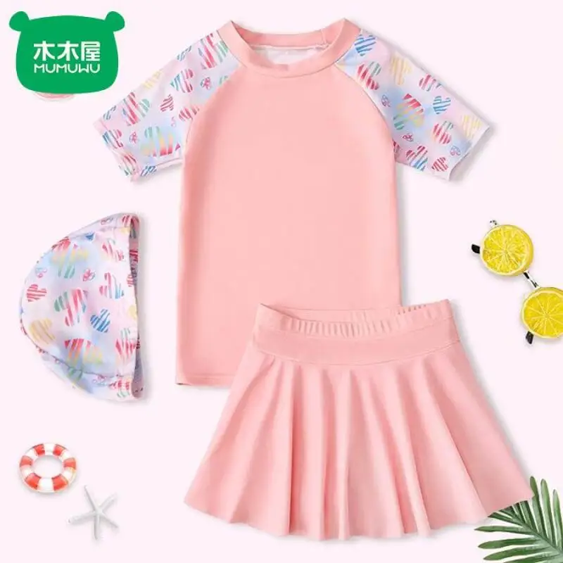Summer Children's Swimsuit Cute Girls Short Sleeve Beachwear Quick Dry Swimwear Teenage Beach Vacation Swim Suit Sun Protection