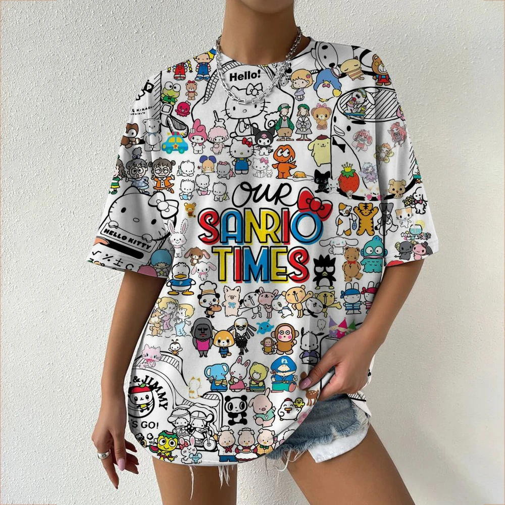 Hello Kitty para koszulka z krótkim rękawem damska modna odzież uliczna luźna koszulka Y2K millennium dziewczyna top