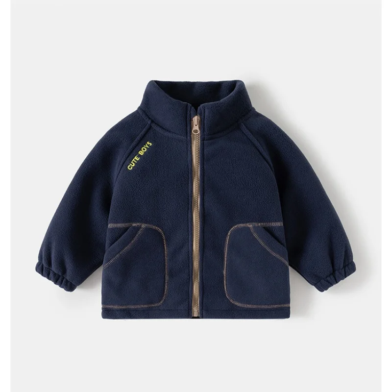 

Boys' Fleece Lined Stand Collar Zipper Jacket Solid Color Casual Outerwear Warm Coat for 3-8Y Sportwear