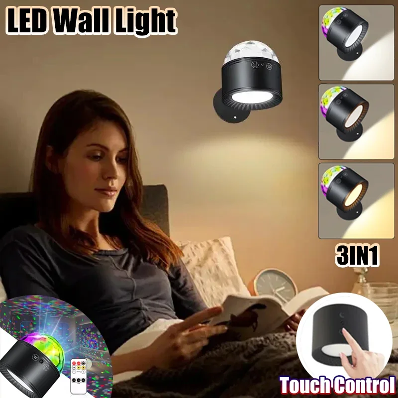 

LED Wall Light RGB Disco Lights 3in1 Night Lamp Remote Rechargeable 360° Rotation Up Down LED Wireless for Bedroom Decoration