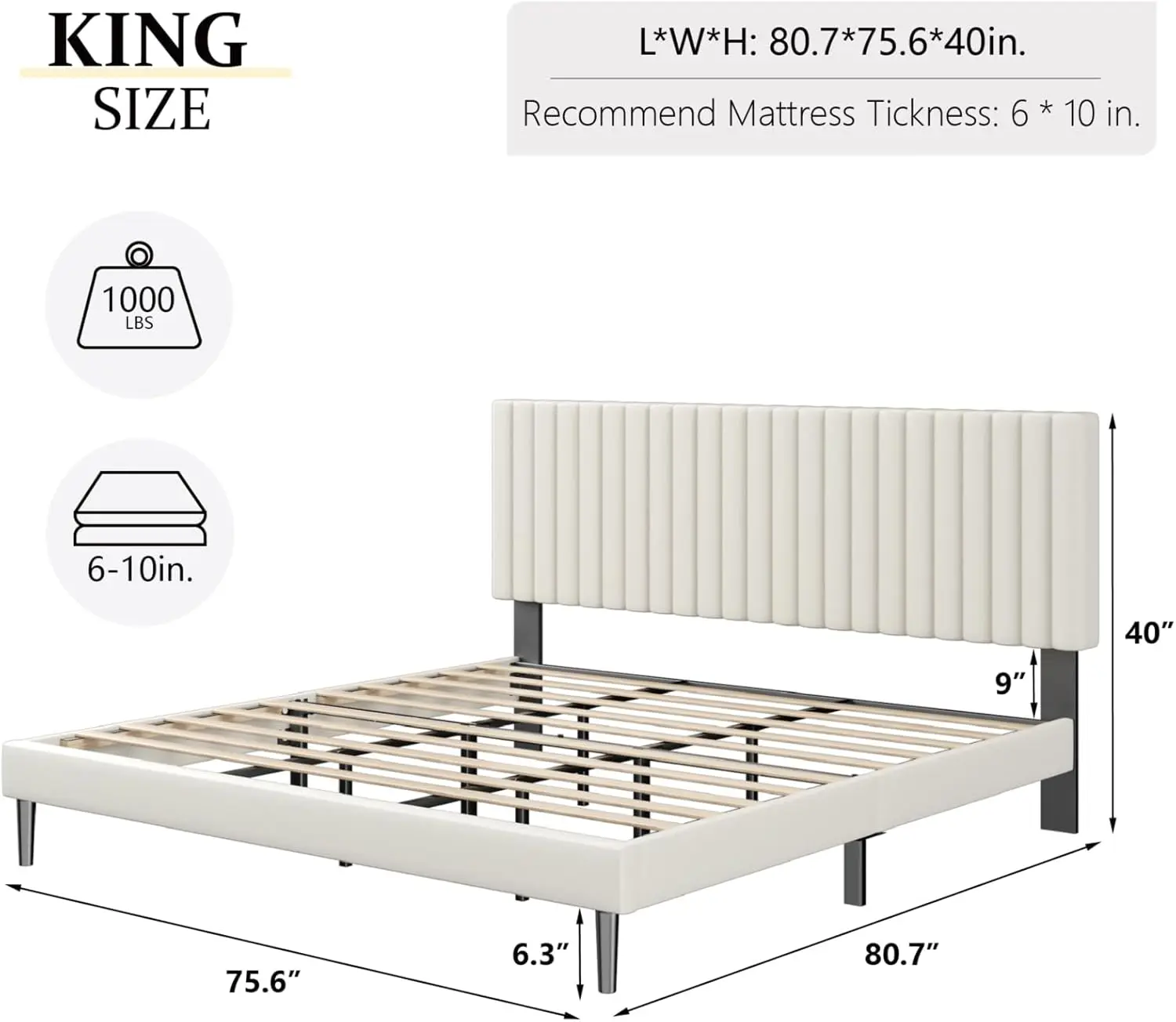 King Size Bed Frame,King Size Platform Bed Frame and Velvet Upholstered Headboard with Strong Wood Slats,asy Assembly Beige