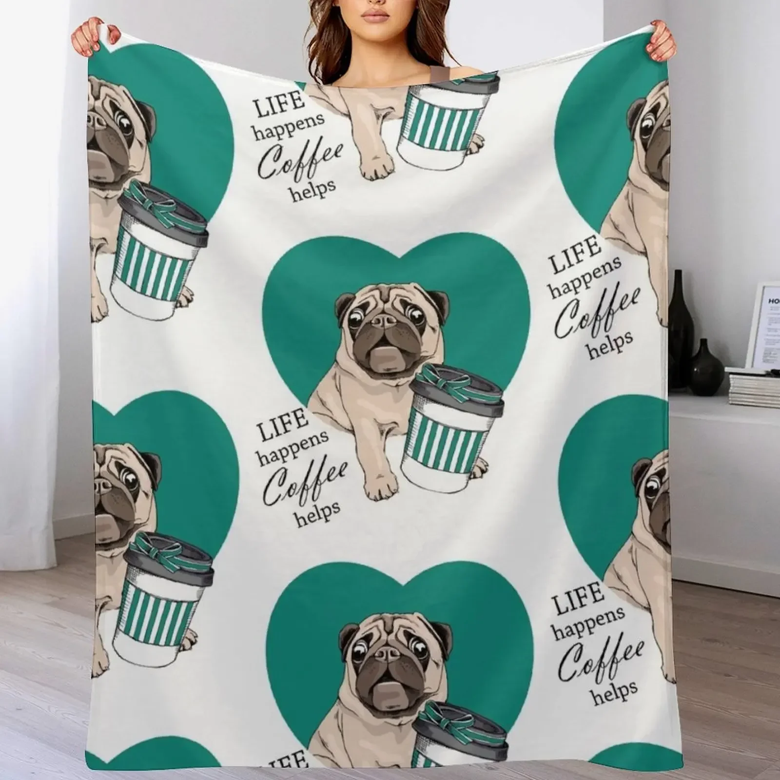 New sweet pug: Life happens, Coffee helps Throw Blanket Decoratives Warm Blankets