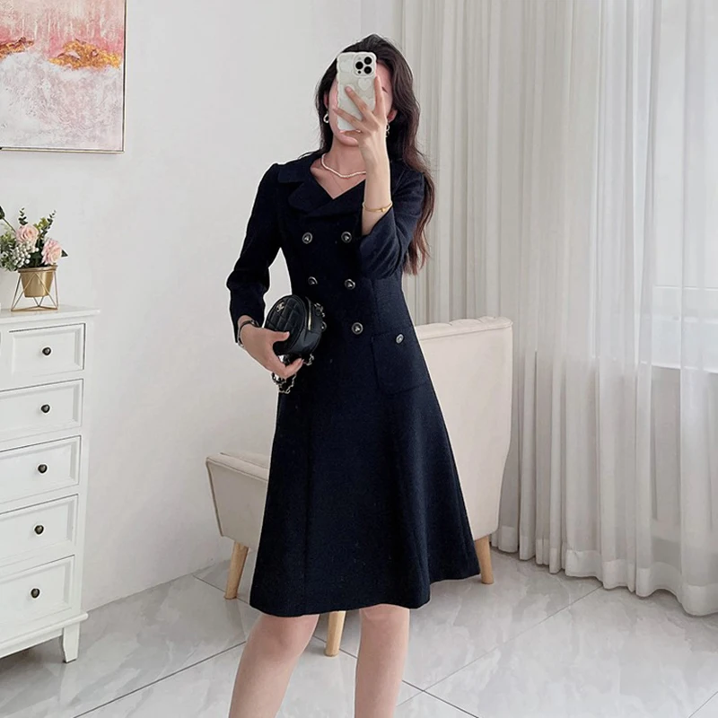 

Ele A-Line Dr с застежкой на талии из ткани Bouclé, двубортный дизайн с воротником для женщин, осенний сезон Ci Commute