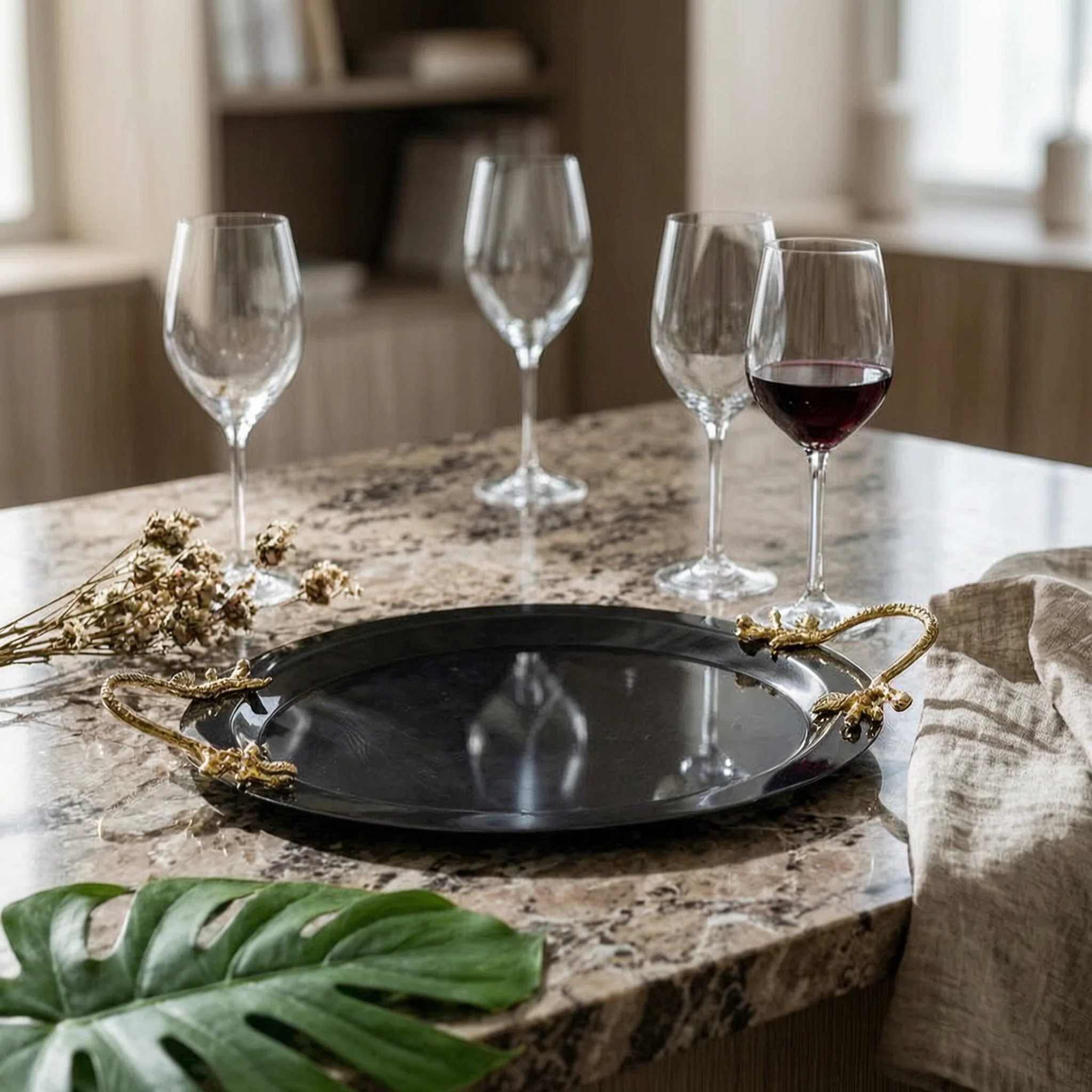 Serving Tray with Handles Round Stainless Steel Tray Serving Platter Shiny Long-Lasting for Hosts, Dining Table, Home Bar