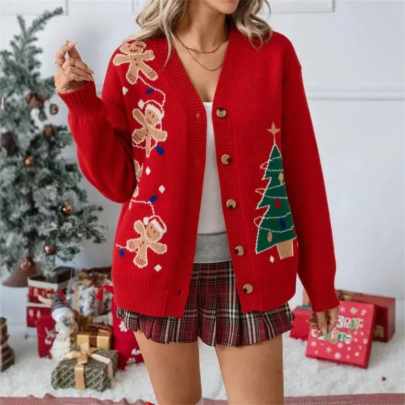 Red Ladies' Christmas Tree Knitted Cardigan Autumn Winter Long Sleeved V-neck Casual Sweater Top Suitable for Christmas Parties