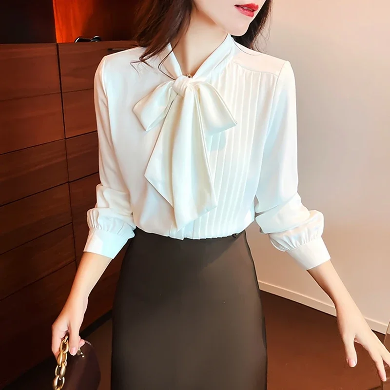 Elegant Bow Neck White Shirts Women Long Sleeve Korean Fashion Clothing Blusas Mujer Work Chiffon Blouses Office Ladies Tops y2k