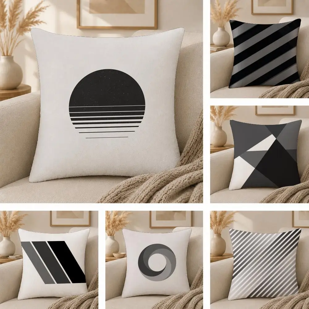 Modern Black White Gray Geometric Cushion Cover  Plush Fabric Soft Double Sided Print Sofa Cushion Cover Throw Pillow Covers