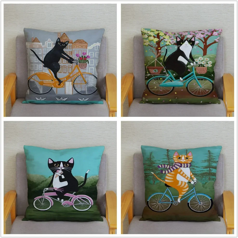 Cartoon Cycling Cat Print Cushion Cover Super Soft Pillowcase 45x45  Home Decor