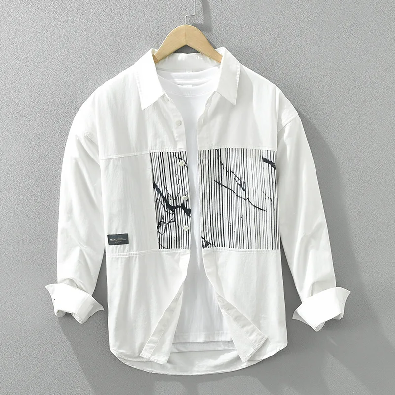 

Рубашка с принтом в японском стиле, мужская уличная модная новая верхняя весенняя повседневная белая рубашка из чистого хлопка с длинными рукавами, мужская литературная одежда