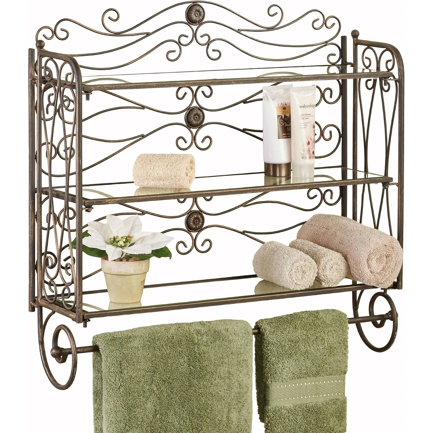 Touch of Class Kadalynn Wall Bathroom Shelf with Towel Bar - Antique Bronze - Handcrafted Metal - Decorative Storage - Mounted Rack Organizer - 3 Shelves - 24 Inches High