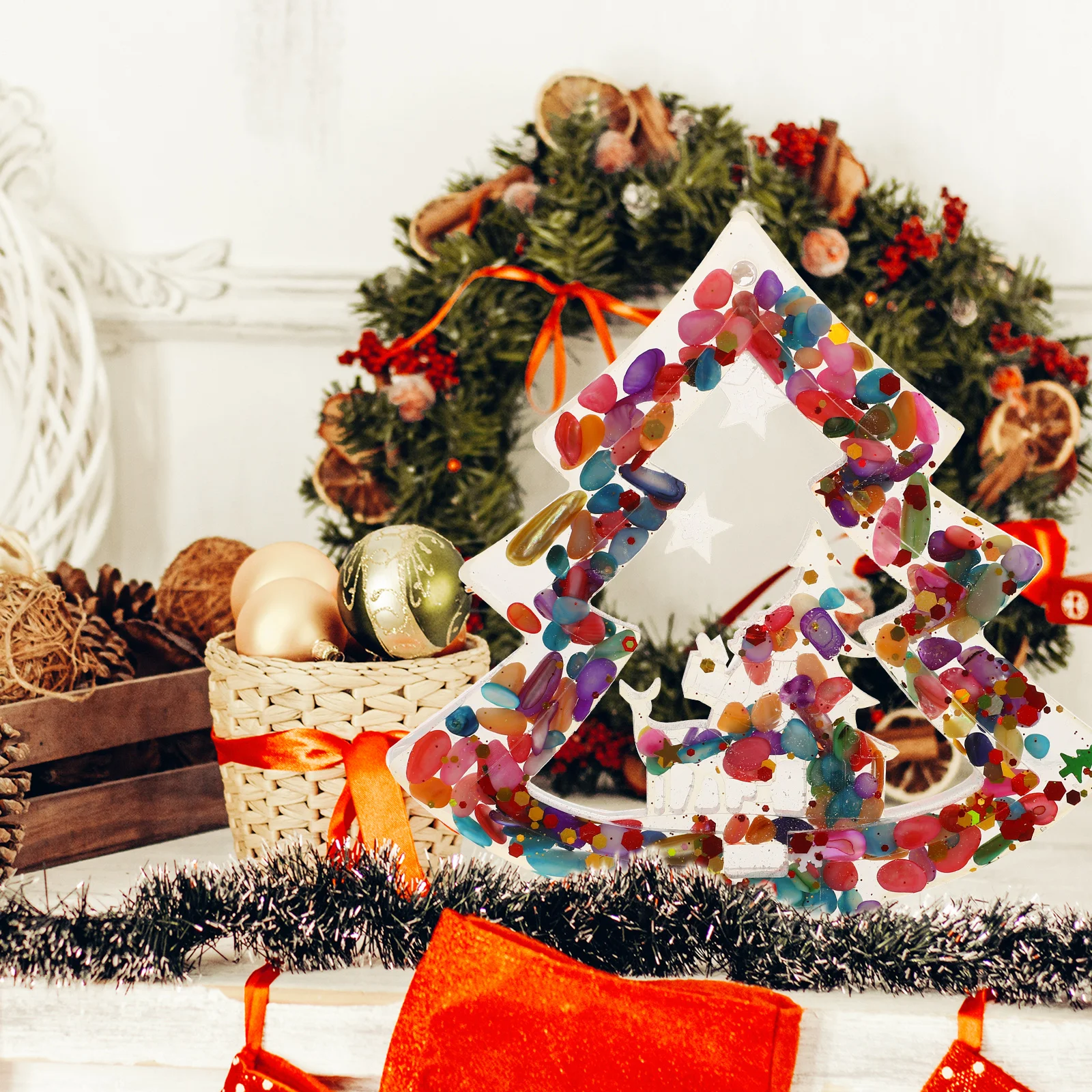 

Mini Crystal Christmas Tree Resin Desktop Decor Small Xmas Village Scene Tabletop Decoration Christmas Party Supplies