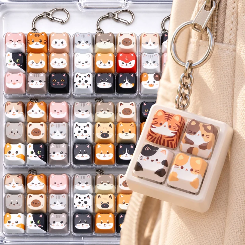 4/9Keys Cat Fidget Clicker Button Keycap Keychain Decompression Creative Backpack Pendant Kawaii Cat Mechanical Keyboard Keyring