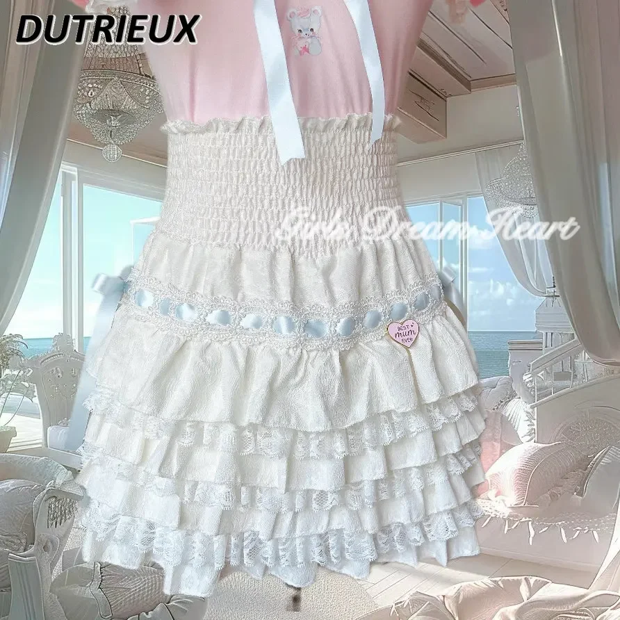 Sweet Girl Versatile A-line Mini Skirt French Style Summer Ribbon Lace Splicing Slim Elasticity High Waist Tutu Short Skirts