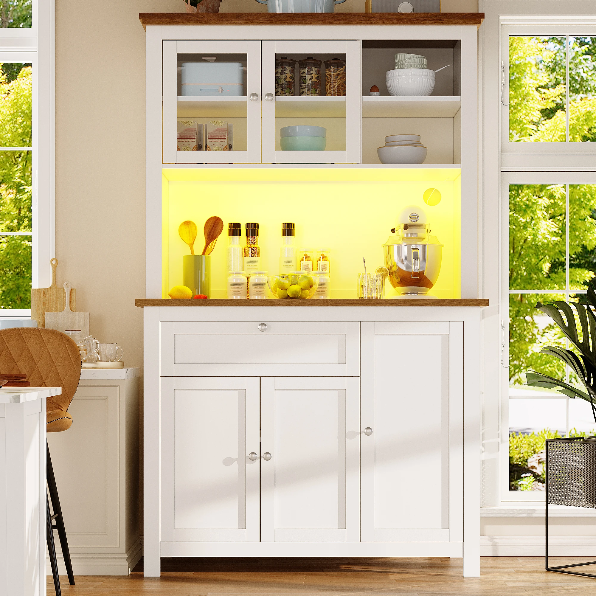 Aparador de cocina vitrificado con estantes ajustables e iluminación LED, resistente, para salas de estar/comedores, MDF – blanco