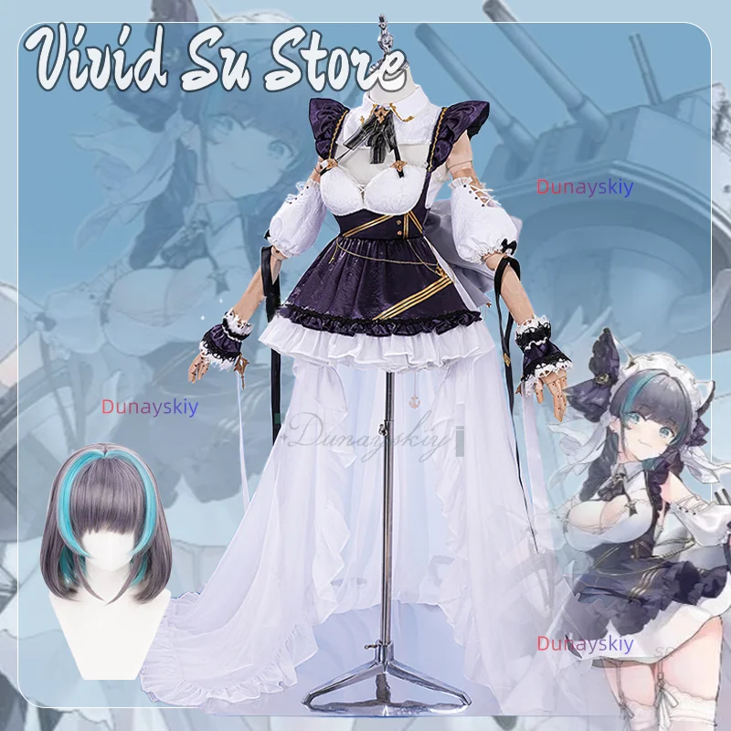 

Чеширский кот-горничная косплейコス Rosen Uniform Game Azur Lane Trailing Skirt Парик Полный комплект аксессуаров для Хэллоуина Карнавальная вечеринка