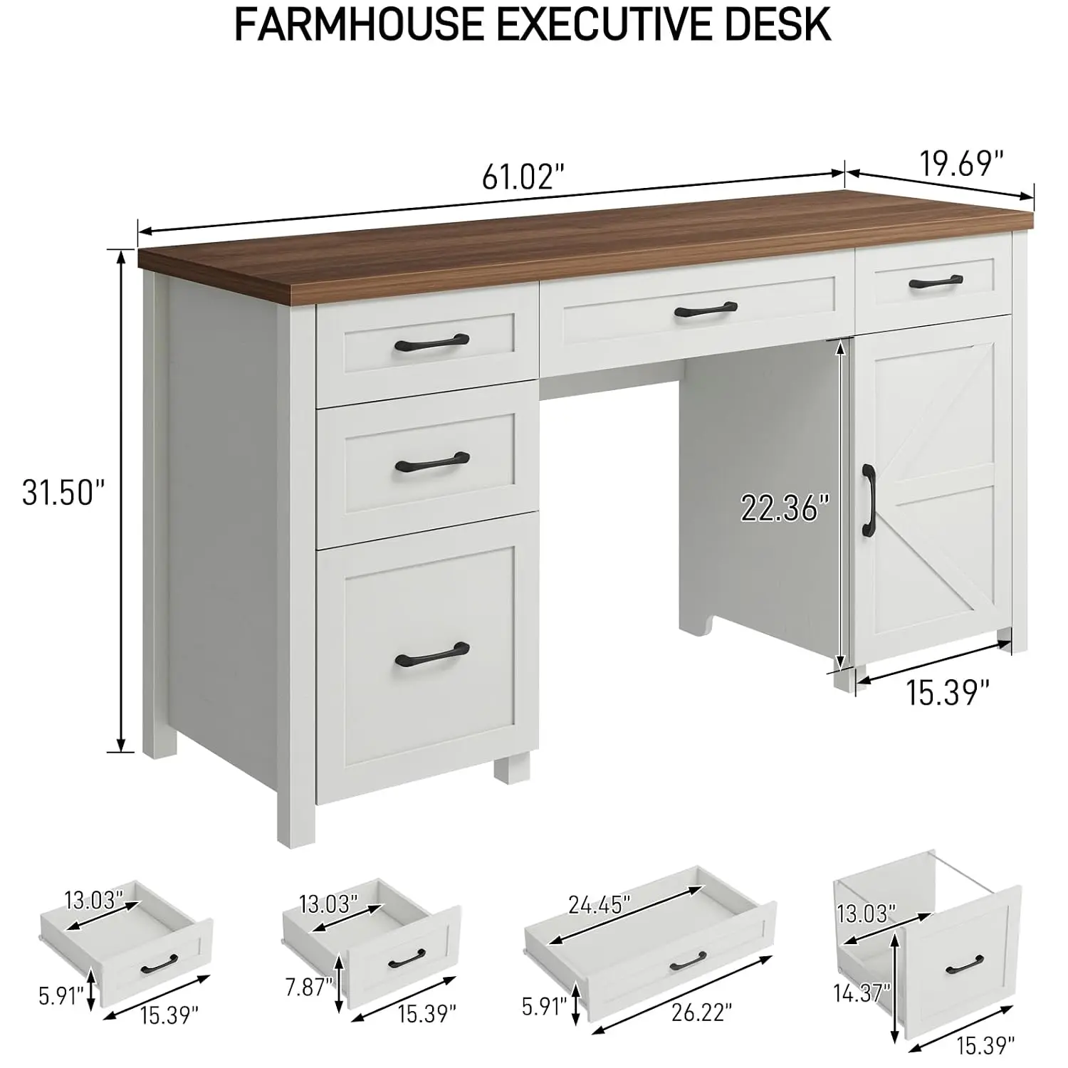 Farmhouse Executive Desk with 5 Drawers, White Rustic Wood Workstation, File Storage Cabinet for Study & Home Office, Customized