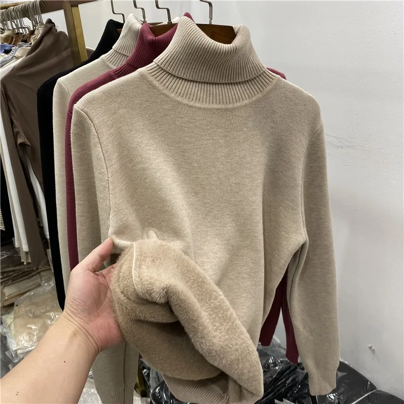 

Plush Velvet Turtleneck Sweaters Women Autumn Winter 2023 Slim Warm Knitted Sweater Solid Bottoming Office Lady Pullovers 29242