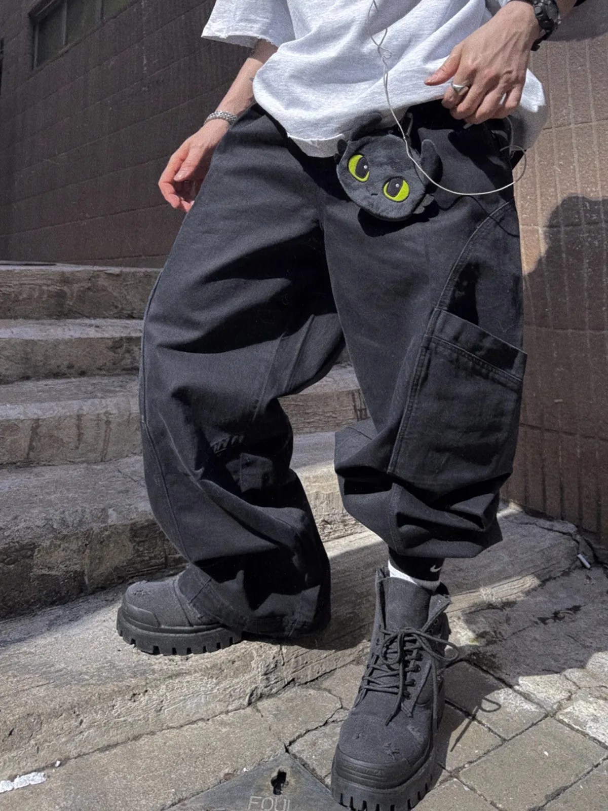 

Mauroicardi Spring Autumn Long Distressed Washed Black Baggy Wide Leg Pants for Mens Drawstring Waist Luxury Designer Clothes