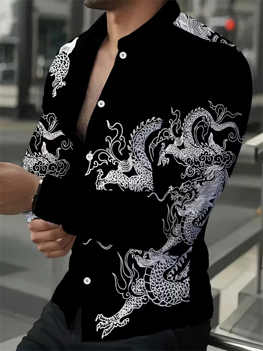 قميص رجالي بأكمام طويلة بتصميم طباعة خط هندسي باللونين الأسود والذهبي، سترة صوفية كاجوال أنيقة، قماش مريح. #4