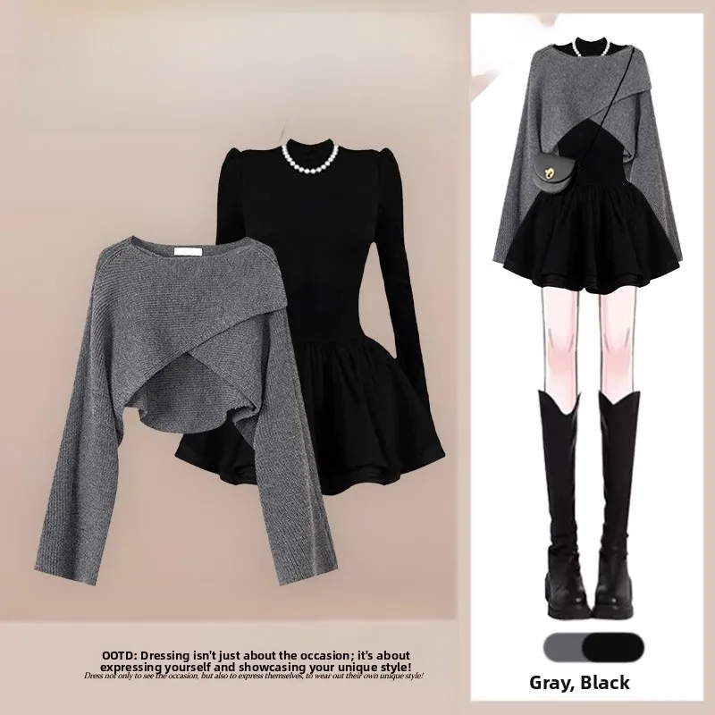 

Cross Design Knitted Sweater And ort Dr Two-Piece Set Autumn Faion Slimming Korean Sle Women's Casual Wear