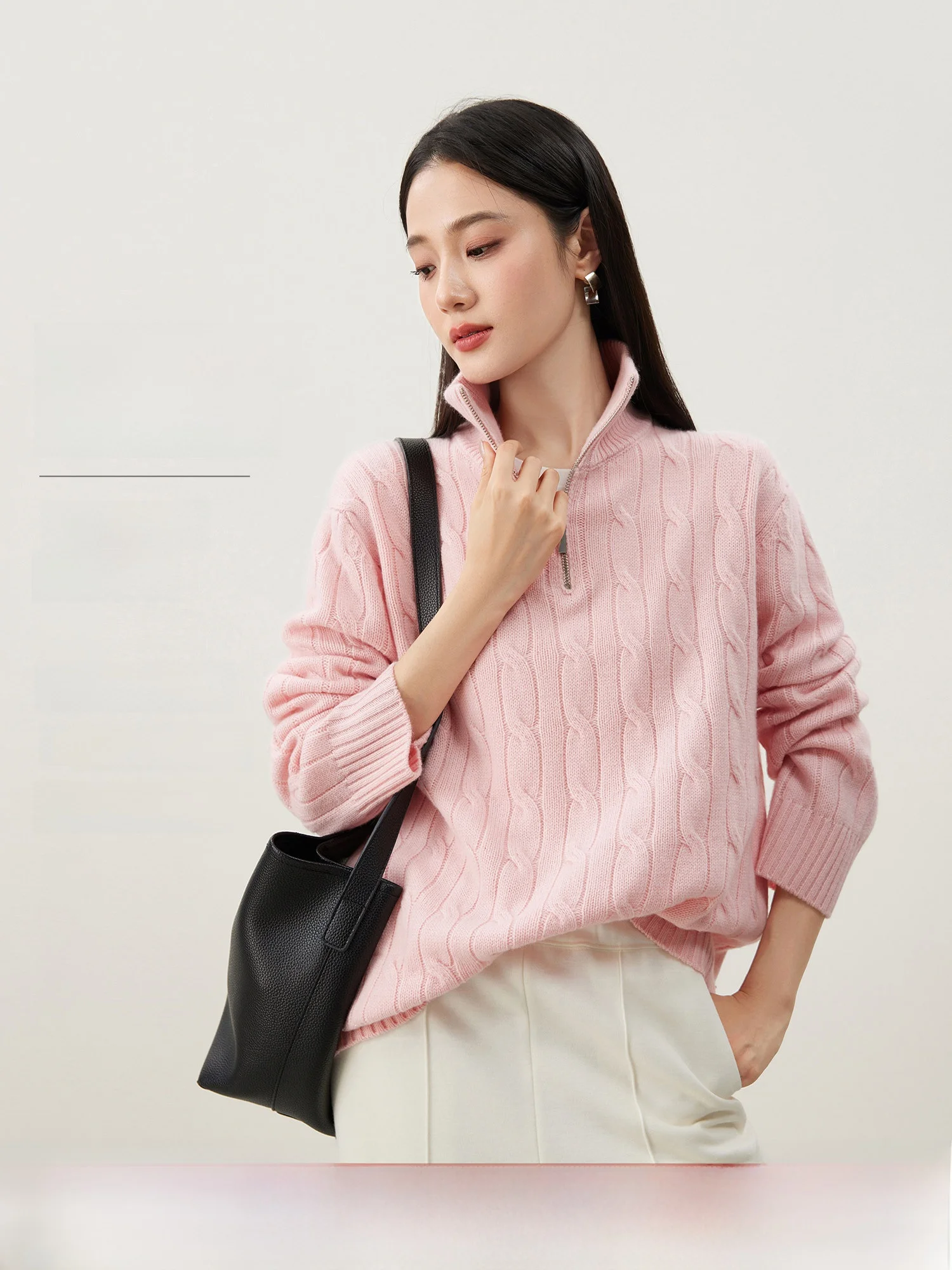 

Ретро-свитер из 100% шерсти с молнией и узором «косы», широким воротником-стойкой и пуговицами, женский свитер на молнии