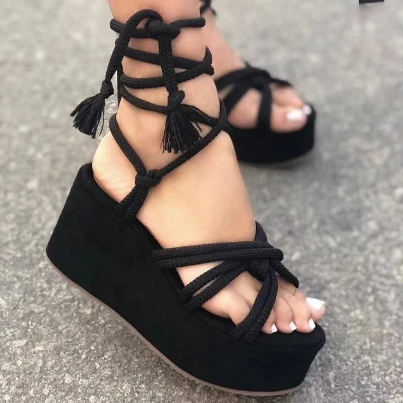 Women\'s Sandals Summer New High Heels Round Head Open Toe Twine Strap Sandals Casual Fashion Increase Flat Sandals