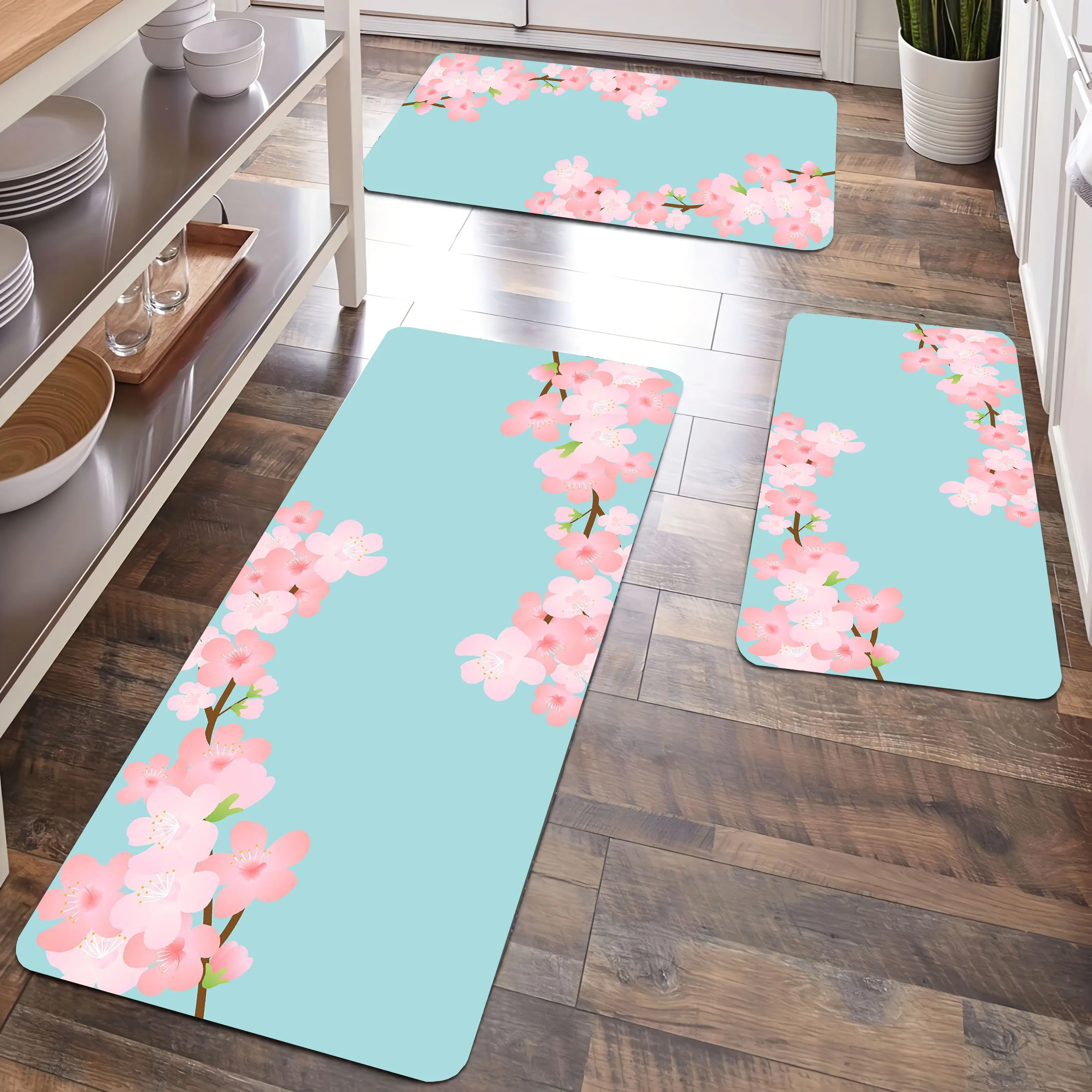 

Cherry Blossom Kawaii Sakura Pattern Kitchen Carpet Bathroom Mat Non-silp Flannel Doormats for Home Decor Accessories Floor Pads