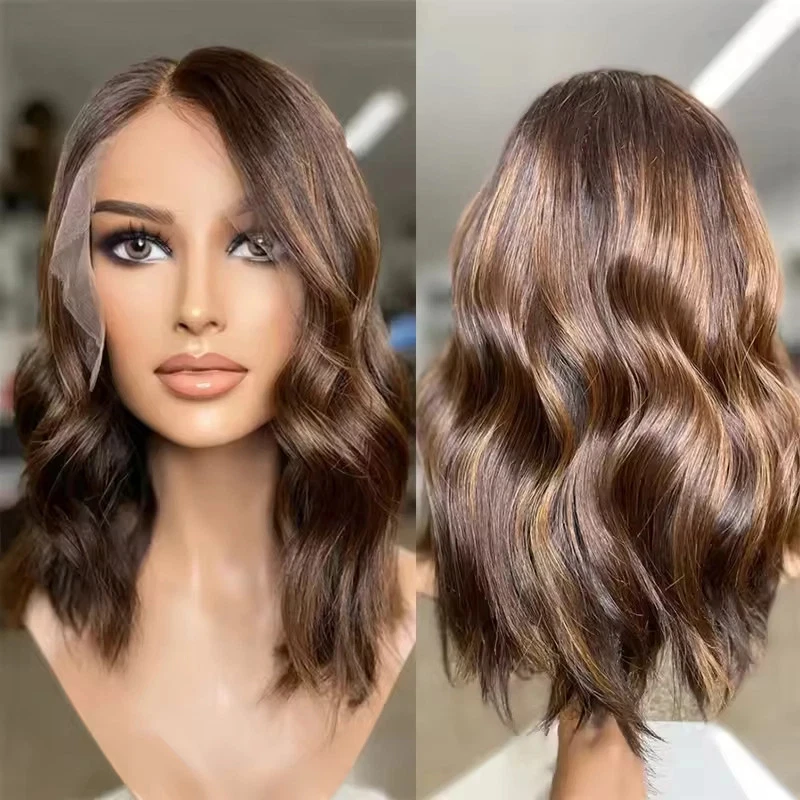 Short Bob Wigs for Women Ombre Brown Blonde Mixed Wig Side Part Large Small Cap Lace Front Wigs Synthetic Hair Futura Cosplay