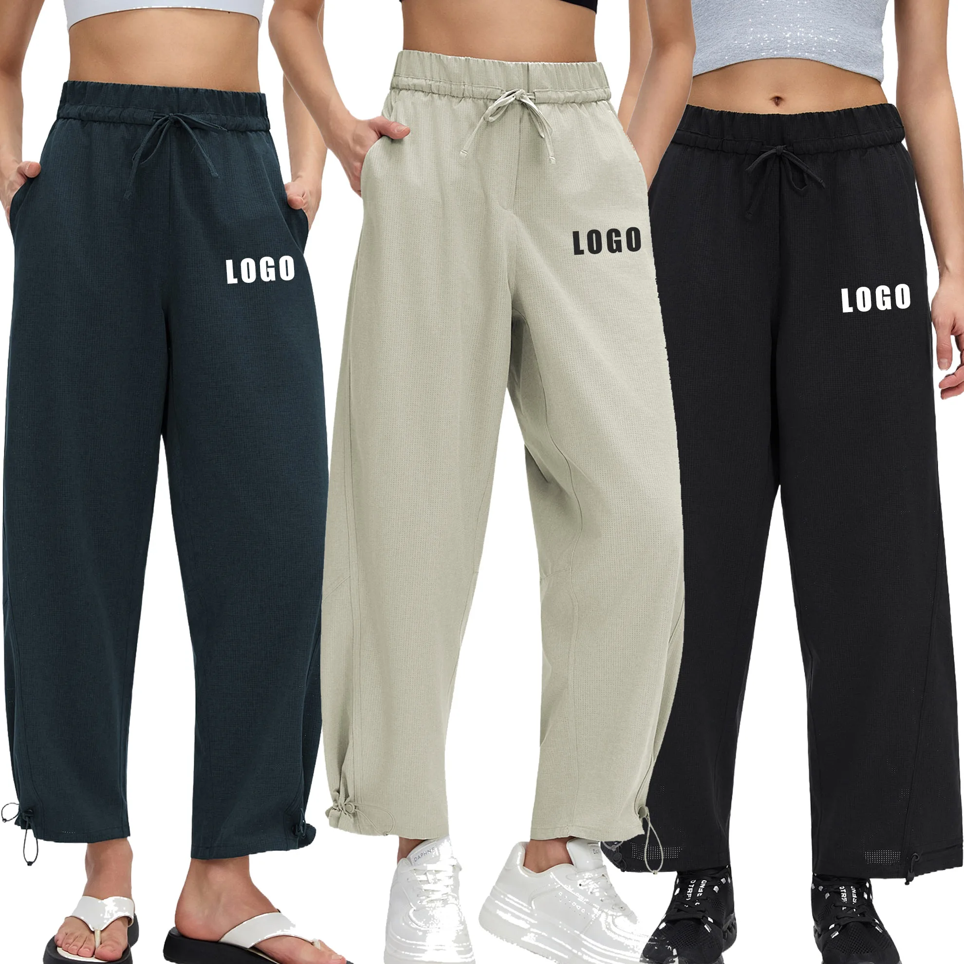 Custom LOGO women's spring summer new tied feet loose and breathable sports leisure straight running fitness nine-point pants