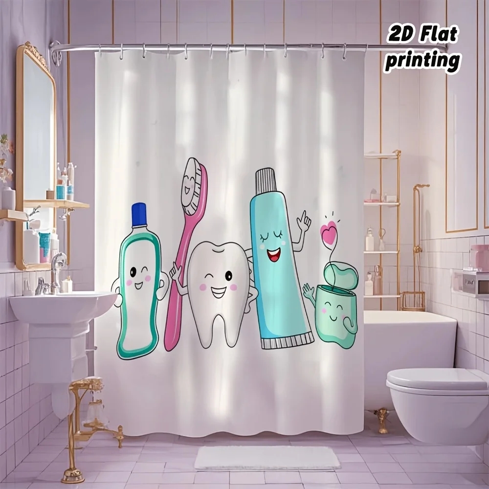 Cute Dental Theme Shower Curtain Waterproof Bathroom Bath Liner Cartoon Toothpaste Brush Teeth Novelty Home Decor