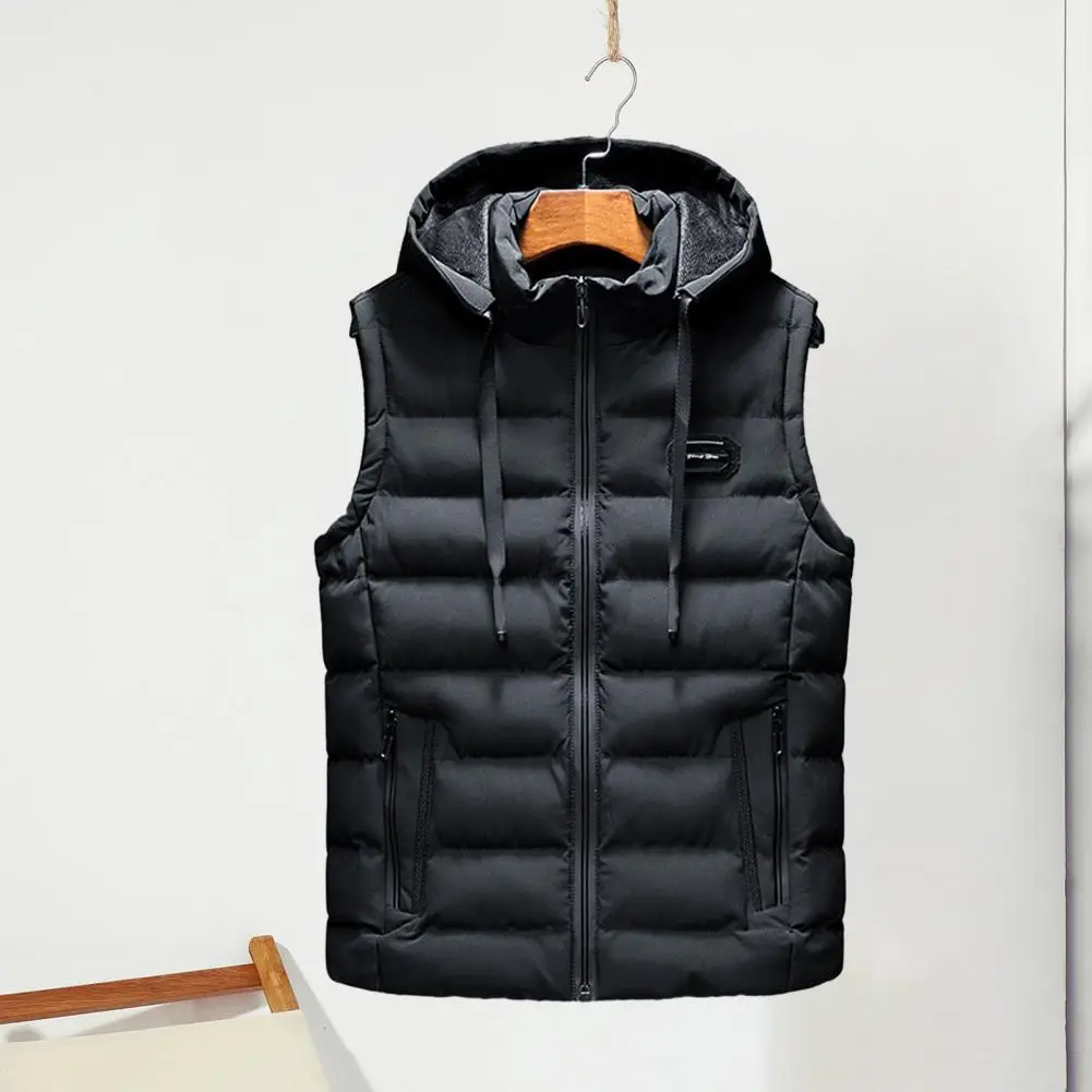 

Winter Men Padded Cotton Vest Thick Sleeveless Drawstring Pockets Hooded Waistcoat Windproof Zipper Closure Men Vest Coat