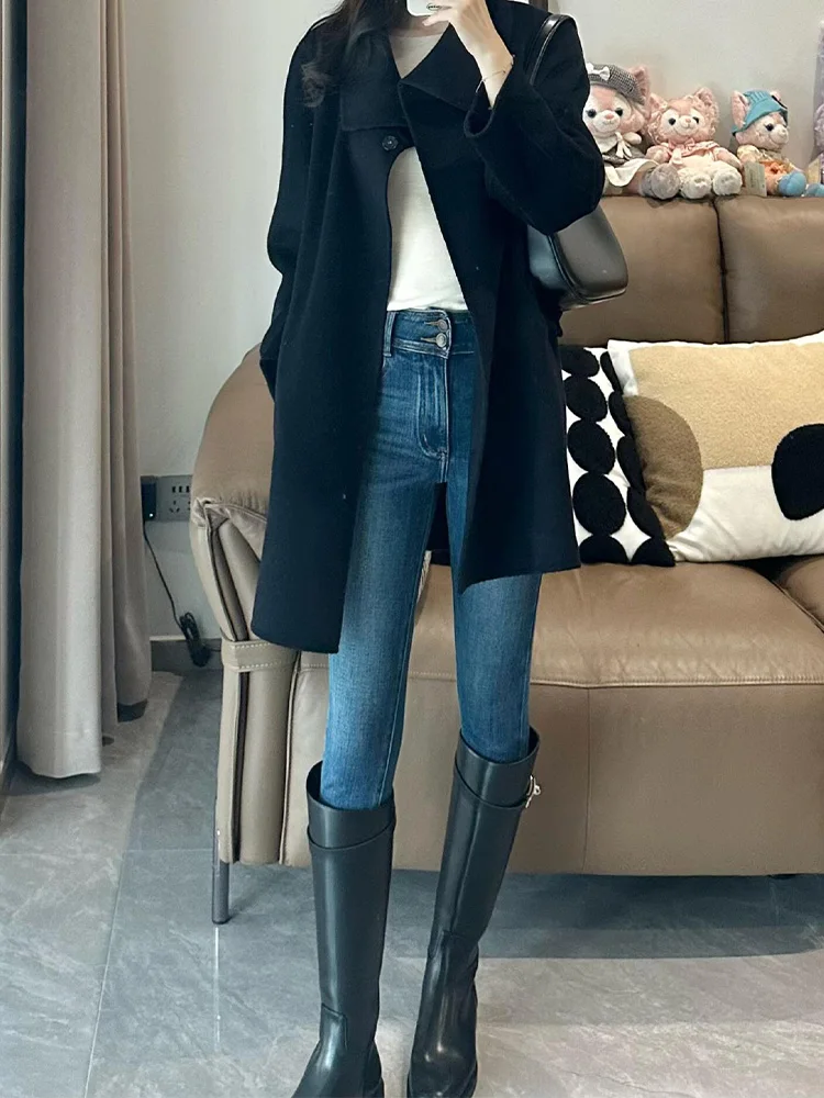 

Американские ретро-джинсы с высокой талией, синие, зауженные, облегающие, женские, зимние, новые, стройнящие, прямые брюки-карандаш, повседневные.