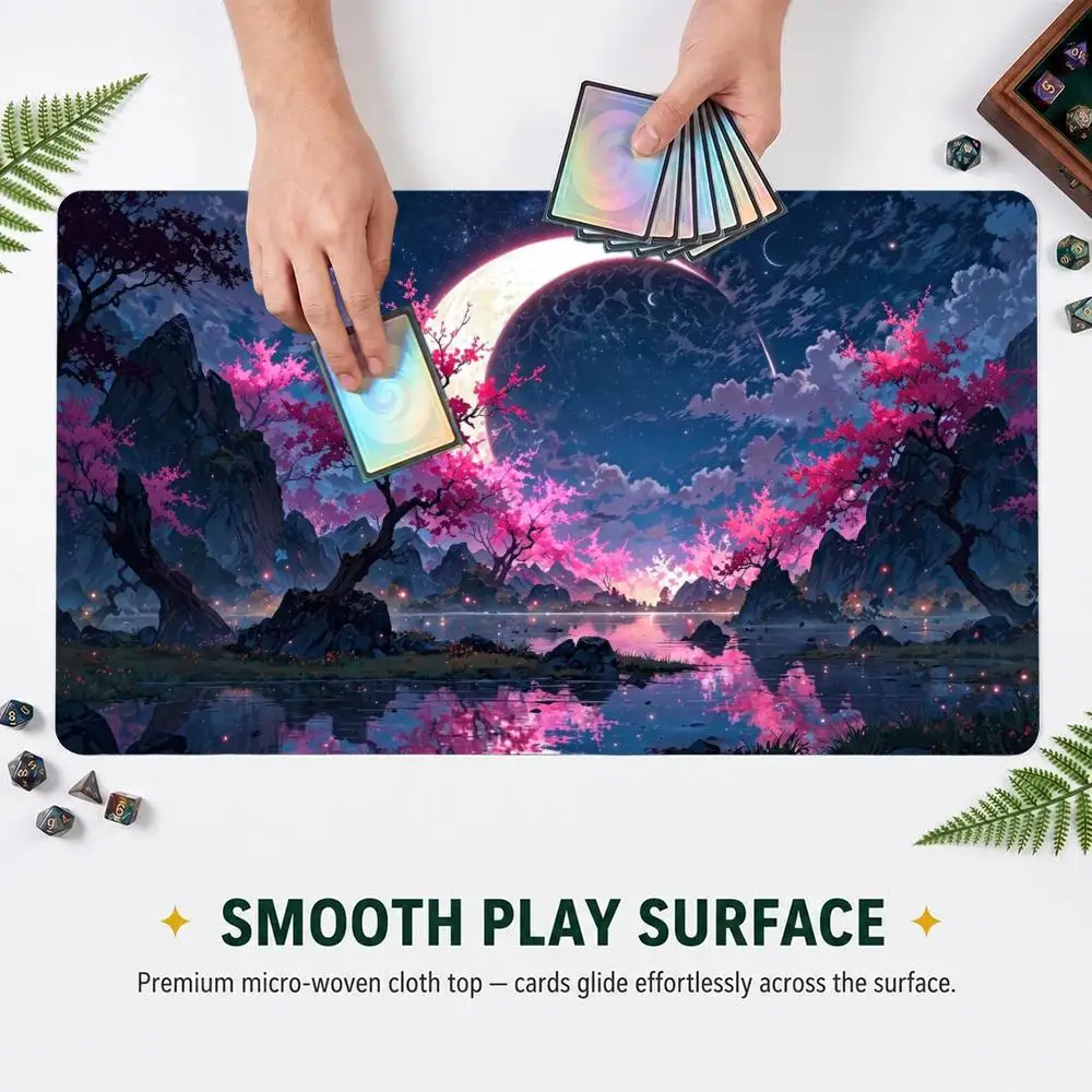 Anime Cherry Blossom Crescent Moon Mountain Lake Play mat Large TCG Card Game Mat Non-Slip Rubber Desk Mat for Trading Card Game