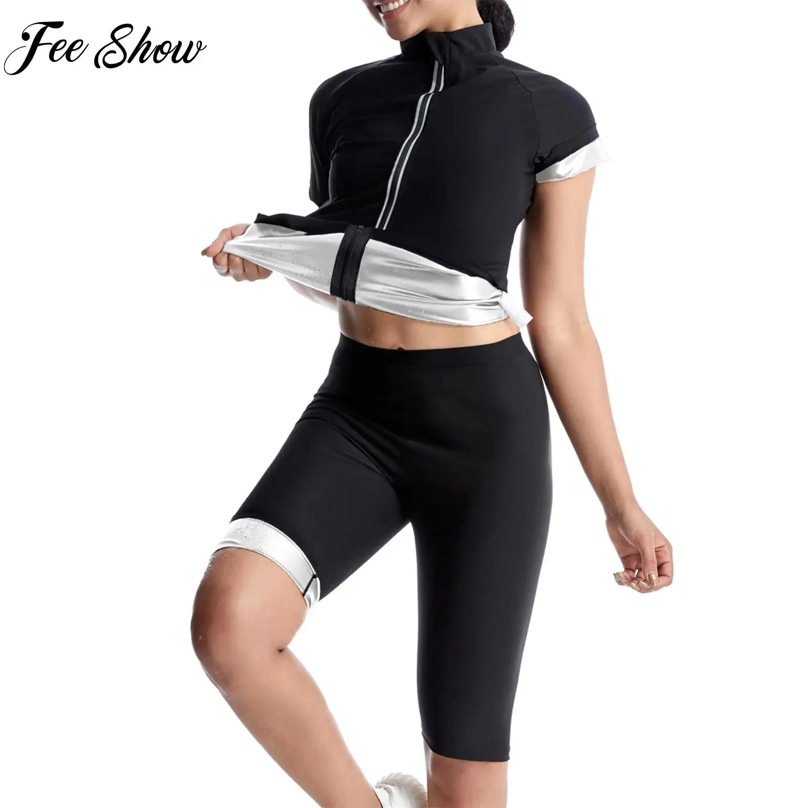 

Womens Adults Sweat Sauna Suit Body Shaper Workout Outfit Short Sleeve Jacket+Stretchy Knee Length Shorts Set for Yoga Sports