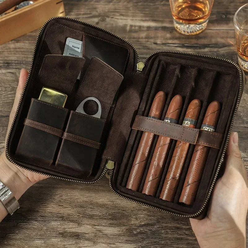 Leather Cigar Travel Case Storage 4 Cigars Box Wrist Zipper Multi -function Portable Humidor Cigarette Box High Quality