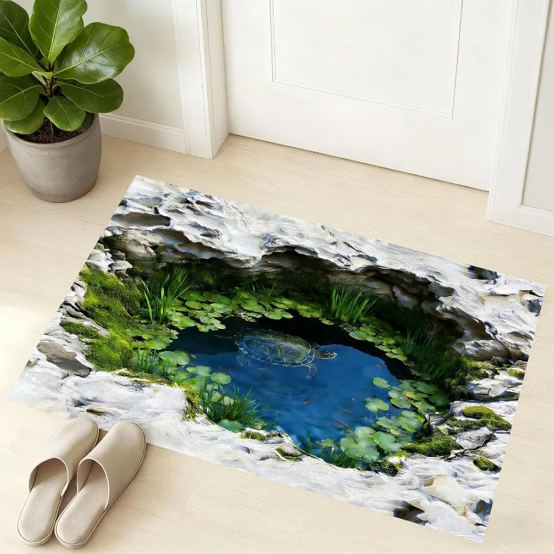 3D Optical Illusion Creative Door Mat Realistic Pond Turtle Pattern Area Rug Soft Non-Slip Home Decor Carpet for Entryway